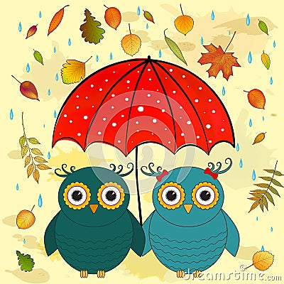 Funny owls with umbrella Vector Illustration