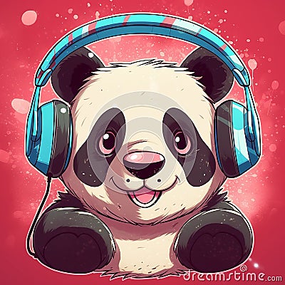 Funny panda bear with rounded ears and black rings around the eyes in headphones. Stock Photo