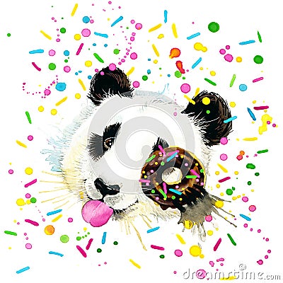 Funny Panda Bear watercolor illustration Stock Photo
