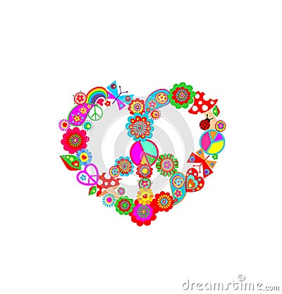 Funny paper cutting colorful hippie peace symbol in heart shape with flower-power, fly agaric, paisley, butterflies and rainbow f Vector Illustration