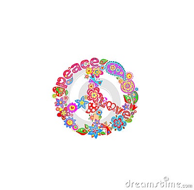 Funny paper cutting colorful hippie peace symbol with peace, love word, flower-power, fly agaric, paisley, butterflies for t-shirt Vector Illustration