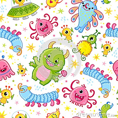 Funny pattern with aliens. Vector seamless illustration with cute monsters Cartoon Illustration