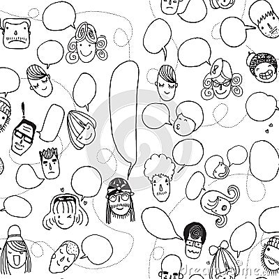 Funny pattern with cute faces and speech bubbles Vector Illustration