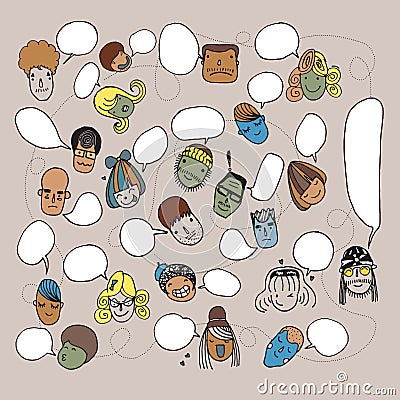 Funny pattern with cute faces and speech bubbles Vector Illustration