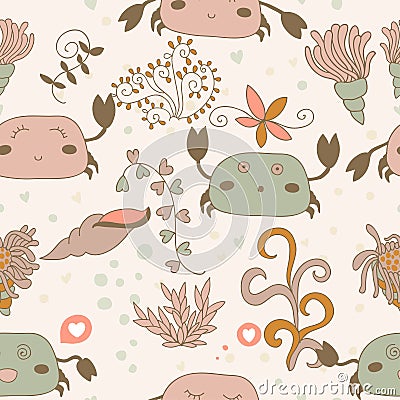 Funny pattern with cute pink crabs. Stock Photo