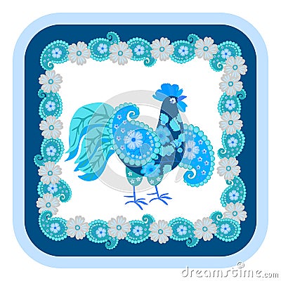 Funny patterned rooster - strongman with wings in the form of a paisley isolated on a white background and decorative floral frame Vector Illustration