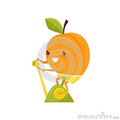 Funny peach training on an exercise bike, sportive fruit cartoon character doing fitness exercise vector Illustration on Vector Illustration