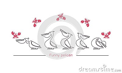 Funny pelicans, crabs. Logo Vector isolated character. Red crab and bird with a black contour line. Vector Illustration