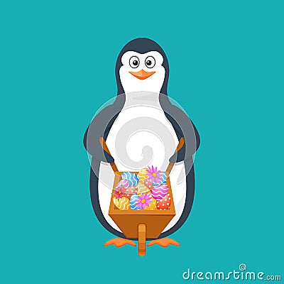 Funny penguin, Antarctic bird, with cart, filled easter eggs, flowers. Vector Illustration