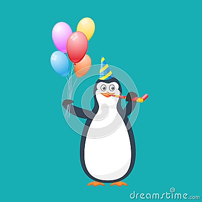 Funny penguin, Antarctic bird, in holiday hat, with pipe, baloons. Vector Illustration