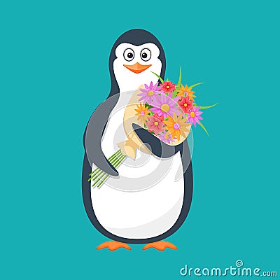 Funny penguin, Antarctic bird, with large bouquet flowers and smile. Vector Illustration