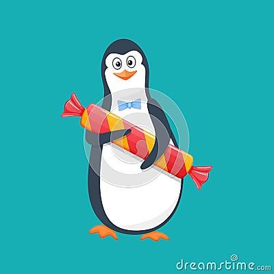 Funny penguin, Antarctic bird, with large gift candy and smile. Vector Illustration