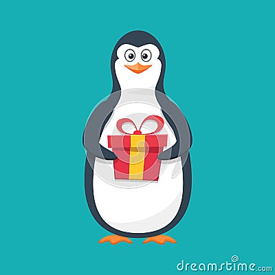 Funny penguin, Antarctic bird, with large gift and smile. Vector Illustration