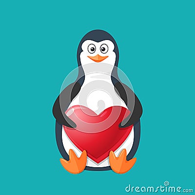 Funny penguin, Antarctic bird, with large heart and smile. Vector Illustration