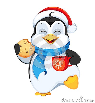 Funny penguin cartoon character with hot tea and cookie Vector Illustration