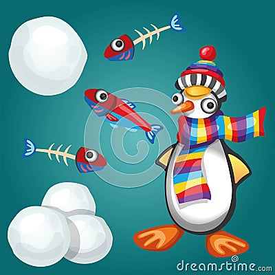 Funny Penguin with Fishes and Snowballs Vector Illustration