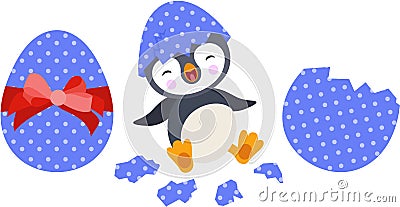 Funny penguin with purple Easter egg Vector Illustration