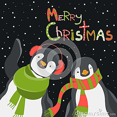 Funny penguins friends celebrating Christmas Vector Illustration