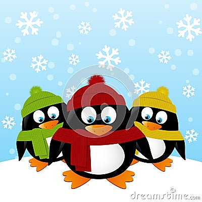 Funny penguins on winter background Vector Illustration