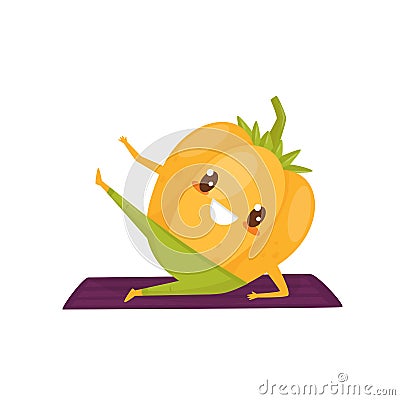 Funny pepper working out on an exercise mat, sportive vegetable cartoon character doing fitness exercise vector Vector Illustration