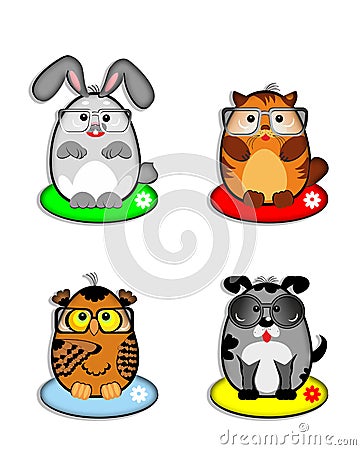 Funny pets, emotion, new, smiles, rabbit, cat, kitty, dog, puppy, owl, spectacle,vector, illustration Vector Illustration