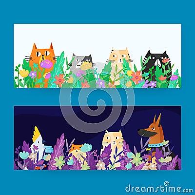 Funny pets sitting in the grass and flowers. Vector Illustration