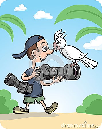 Funny Photographer and Curious Parrot Vector Illustration