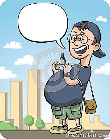 Funny Photographer Surprised at Small Digital Camera Vector Illustration