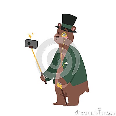 Funny picture bear photographer mamal person take selfie stick in his hand and cute animal taking a selfie together with Vector Illustration