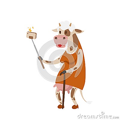 Funny picture cow photographer mamal person take selfie stick in his hand and cute animal taking a selfie together with Vector Illustration