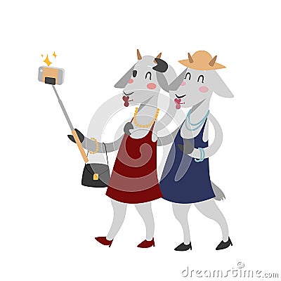 Funny picture goats photographer mamal person take selfie stick in his hand and cute animal taking a selfie together Vector Illustration