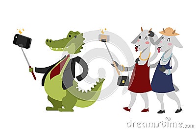 Funny picture photographer mamal person take selfie stick in his hand and cute animal taking a selfie together with Vector Illustration