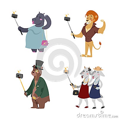 Funny picture photographer mamal person take selfie stick in his hand and cute animal taking a selfie together Vector Illustration