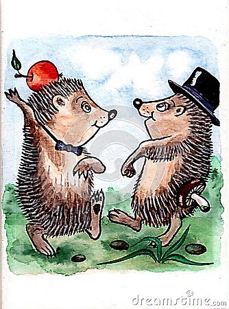 Funny picture. Watercolor on paper. Light blue background. Two hedgehogs. Stock Photo