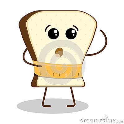 Funny piece of bread character with surprised face expression measuring waist with measuring tape. Diet and proper nutrition, Stock Photo