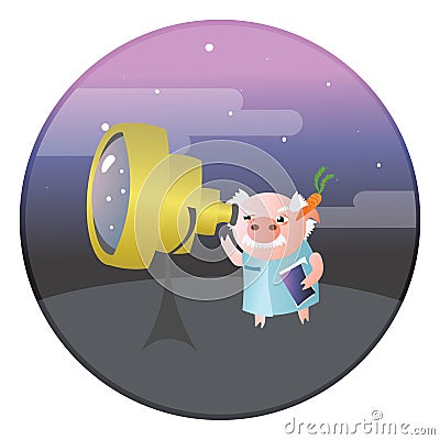 A funny pig astronomer with telescope. Vector Illustration