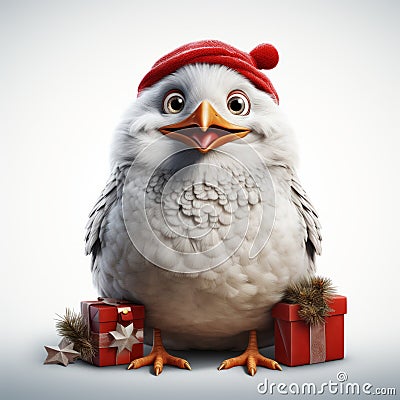 Funny Pig Bird With Santa Hat And Gifts - 3d Rendered Stock Photo Cartoon Illustration