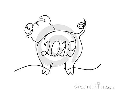 Funny pig continuous line character with 2019 lettering. Merry Christmas concept. Vector Illustration