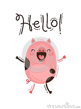 Funny pig greets you Hello. Happy Pink Piglet. Vector illustration in cartoon style Vector Illustration