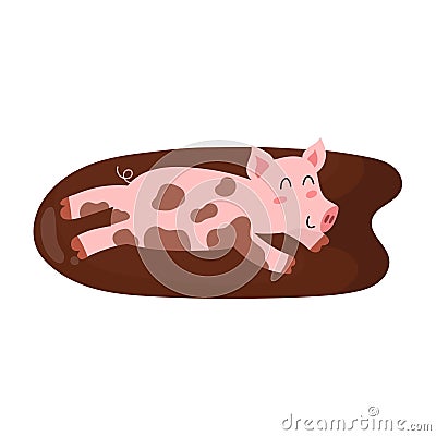 Funny pig playing in dirt. Farm character print for kids and baby design Vector Illustration