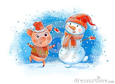 Funny Pig and Snowman Stock Photo