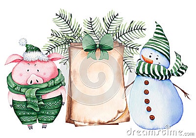 Funny pig and snowman, parchment greeting card with Christmas decoration. Cartoon Illustration