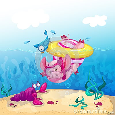 A funny pig in a striped swimsuit dives into the sea Vector Illustration