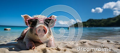 Funny pig with sunglasses taking a sunbath at a beach Stock Photo