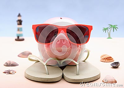 Funny Piggy bank with sunglasses, holiday background Stock Photo