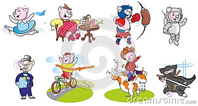 Funny pigs in different roles and poses Vector Illustration