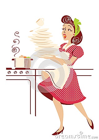 Funny Pin up woman cooks. Clumsy attractive woman falling plates and dishes in her kitchen. Vector vintage illustration Vector Illustration