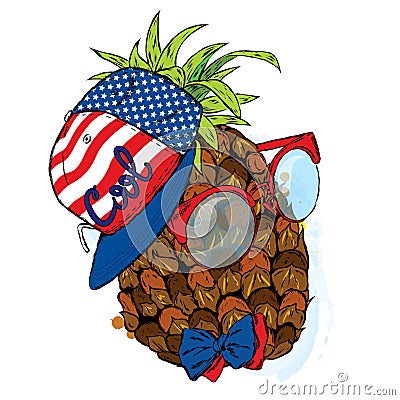 Funny pineapple in cap and glasses. Vector illustration for greeting card, poster, or print on clothes. Vector Illustration