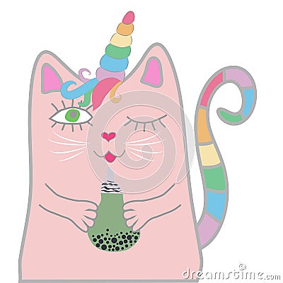 Funny pink cat unicorn closed his eyes and holds a drink in his paws. Stock Photo