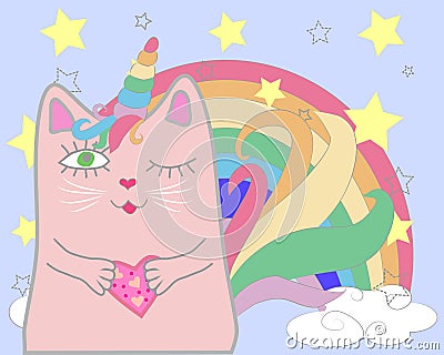 Funny pink cat unicorn closed his eyes and holds a drink in his paws. Stock Photo